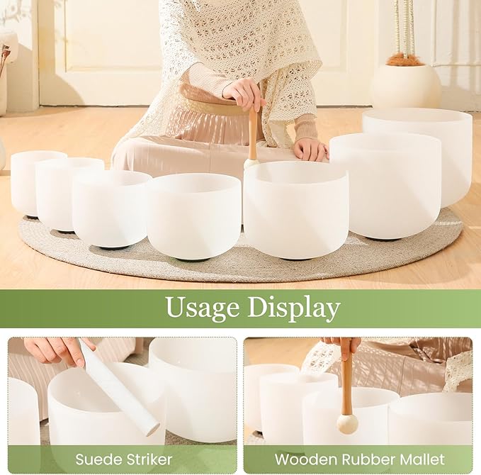 432HZ 6-12 Inch 7 Pcs White Frosted Crystal Singing Bowl Set for Meditation Healing Yoga Chakra Quartz Crystal Sound Bowls with Heavy Duty Carry Cases and Rubber Mallet,Suede Striker,O-rings - Bloomnest
