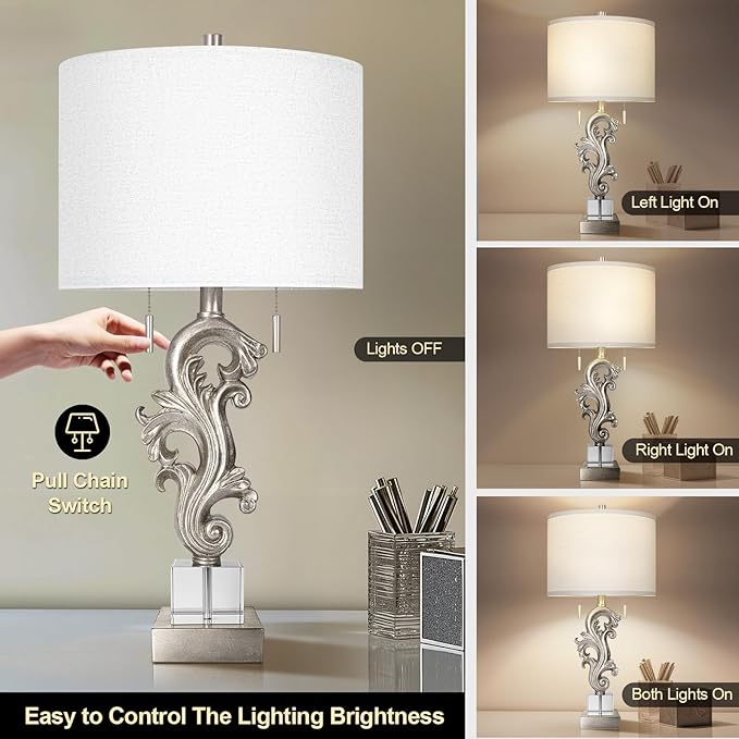 Scenekoy Table Lamp Set of 2 with USB Ports, Pull Chains Switch, 27” Silver Leaf Sculptural Bedside Lamps with Linen Shade for Living Room Bedroom, Nightstand Lamps for Home Room Decor - Bloomnest