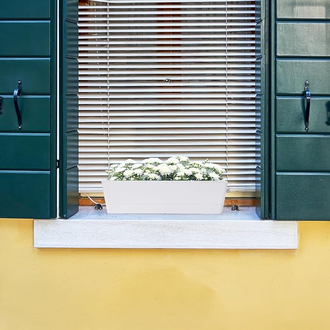 GREANER Herb Planter with Tray, 1 Pack 12x3.8 Inch Rectangle Window Box, Indoor Succulent Flowers Succulent Plastic Pot for Windowsill, Garden, Balcony, Office Outdoor Decoration - White - Bloomnest