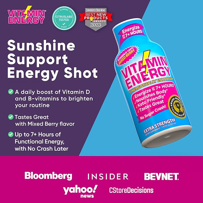 Vitamin Energy Vitamin D Extra Strength Energy Shot Mixed Berry 8 Pack, 260mg Natural Caffeine, B-Complex, Vitamin D, Wellness Support, Keto, Zero Sugar, Gluten-Free Vegan Kosher, 1.93 fl oz - Bloomnest