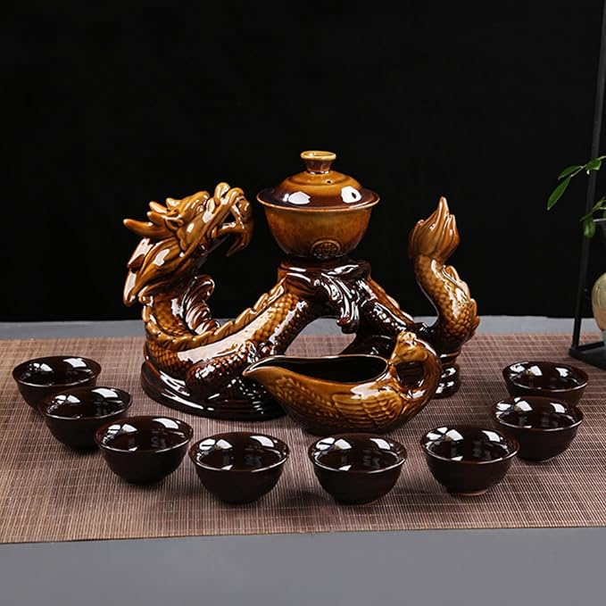Chinese Gongfu Tea Set - Ceramic Teapot with Infuser, 8 Cups, Semi Automatic Dragon Design for Loose Leaf Tea