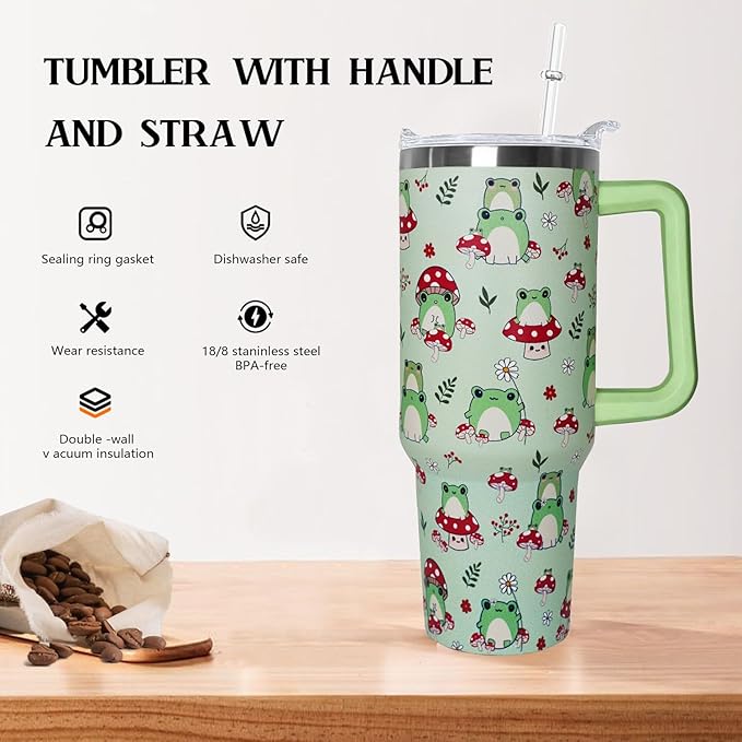 Ceovfoi 40 oz Frog Tumbler With Handle, Lid and Straw - Cute Green Kawaii Mushroom Gifts for Women, Decor, Accessories - Bloomnest