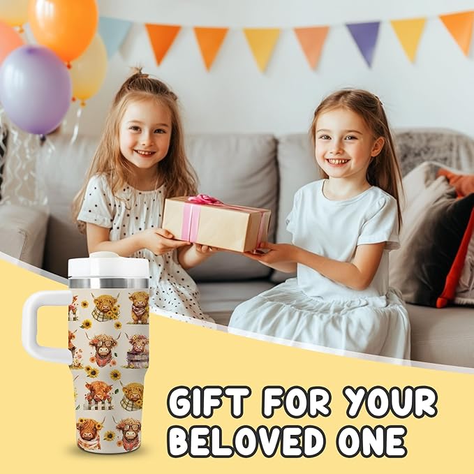 Highland Cow Gifts - 14oz Kids Highland Cattle Yak Tumbler with Handle and Straw, Stainless Steel Insulated Water Cup, for Boys & Girls, Travel - Farm Animal Cow Children Birthday Gift Cup(1pc) - Bloomnest