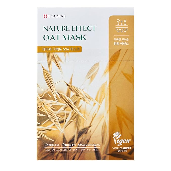LEADERS Nature Effect Oat Mask - Hydrating & Soothing Face Mask for Dry, Irritated Skin | Nourishes, Soothes, Dryness with Oat Extract | Serum Content, Vegan Certified - 10 Sheets - Bloomnest