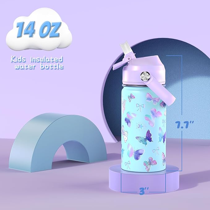 14oz Kids Insulated Water Bottle with Straw Lid - 18/8 Stainless Steel Kid Cup Travel Tumbler Double Wall Vacuum Leak Proof Portable Toddler Water Bottle(Butterfly） - Bloomnest