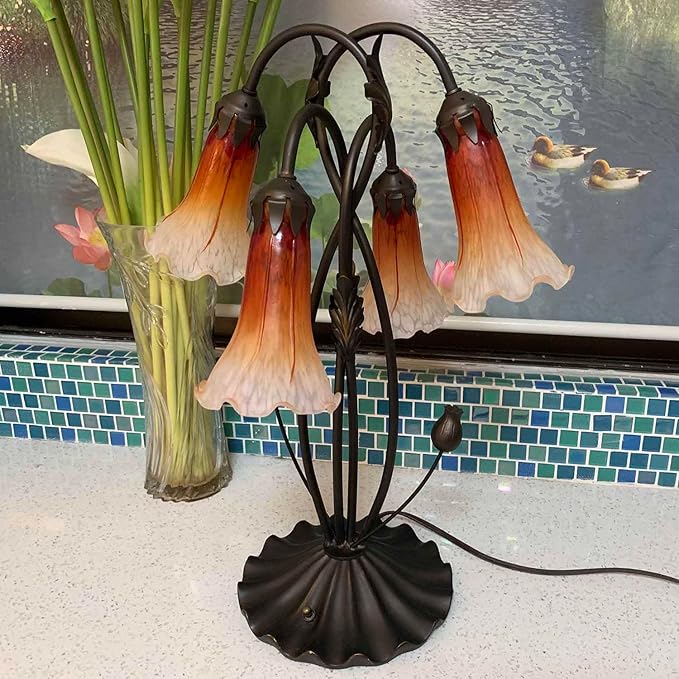 Bieye L10699 Lily Flower Blown Glass Accent Table Lamp for Living Room Bedroom Decoration (4-Light, Orange) - Bloomnest