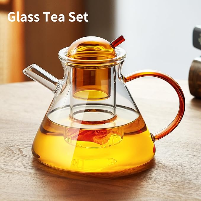 French Style Glass Teapot Set with 2 Glass Cups - Amber Borosilicate Teapot with Glass Filter, 12 Filter Gaps, Transparent Design - Bloomnest