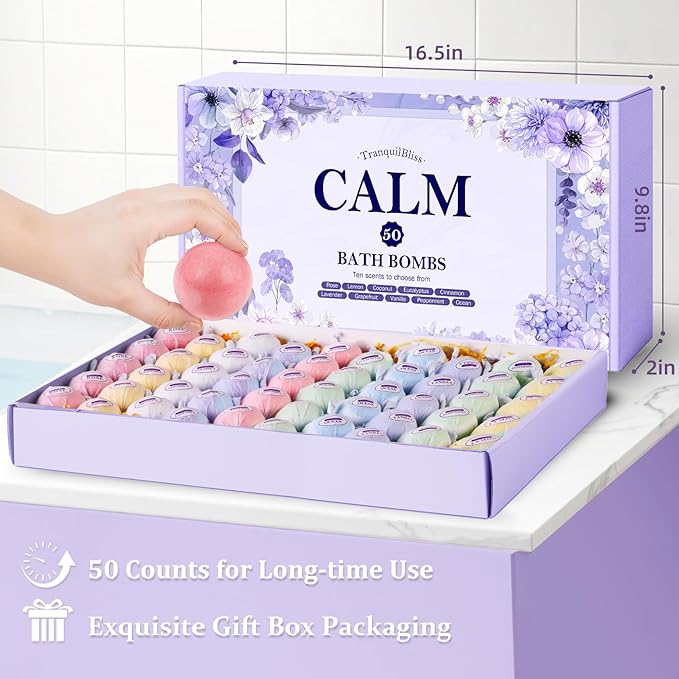 TranquilBliss Bath Bombs for Women, 50 PCS Set with 10 Rich Scents, Natural Bubble Bathbombs, Dry Skin Moisturizing, Present for Christmas, Mother’s Day, Birthday, for Mom, Wife, Her, Girls - Bloomnest