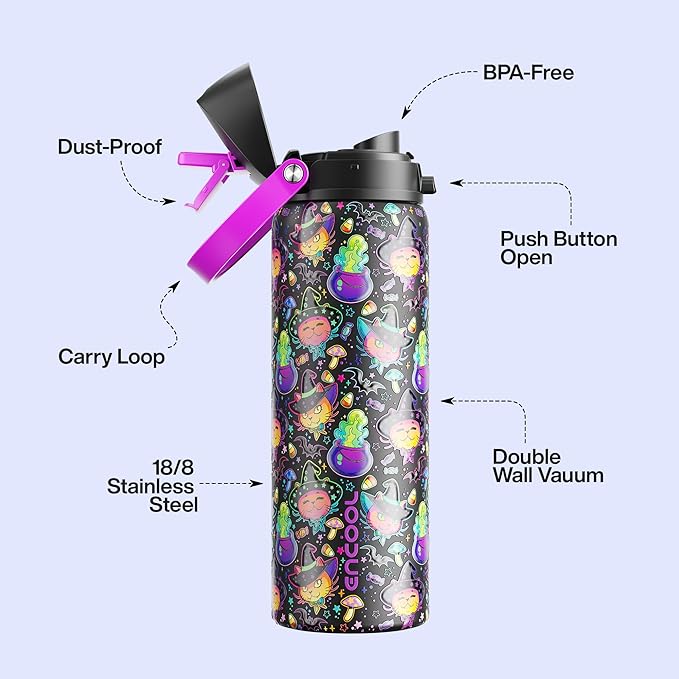 Insulated Water Bottle with Straw - Encool Stainless Steel Water Bottle with Push Button Lid, Leak-Proof & BPA-Free, Keeps Cold for 24 Hours for Sports, Travel, Gym (32 oz, Meowgic Night) ENCOOL