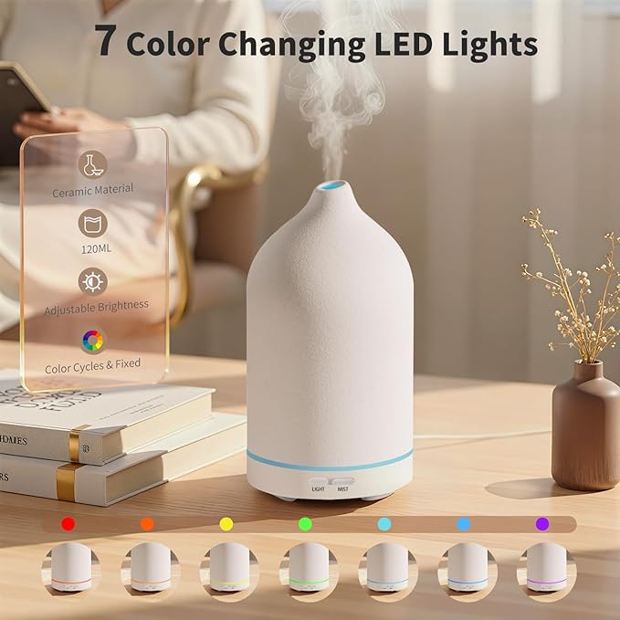 URPOWER 120ML Essential Oil Diffuser Ceramic Aromatherapy Diffuser with 7-Color LED Lights, Auto Shut-Off, 2 Mist Modes, Humidifier for Home Office Decor, Scent Diffuser for Yoga Spa - Bloomnest