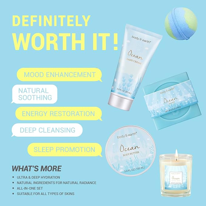 Gifts for Women, Bath and Body Womens Gift Sets with 5 Pcs Ocean Scented Spa Gifts for Women Bath Gift with Scented Candle Body Butter Hand Cream Bath Bomb Valentine‘s Day Gifts - Bloomnest