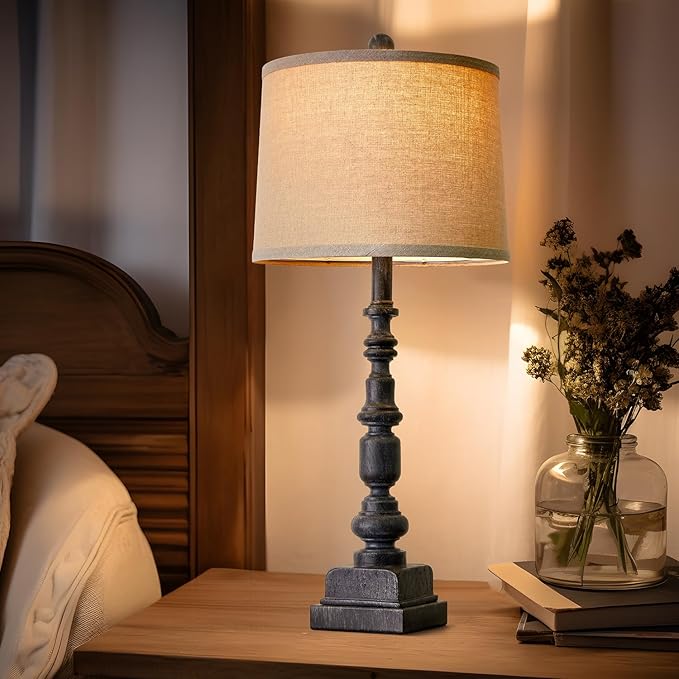 Oneach 27.75” Vintage Farmhouse USB A+C Table Lamps Set of 2 for Living Room Bedroom Traditional Bedside Nightstand Lamp Retro Resin Lamps Linen Shade Nightstand Home Office Antique Black Accent - Bloomnest
