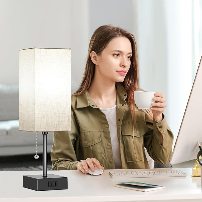 Table Lamp for Bedroom set of 2,3-Color Bedside Lamps with Pull Chain Table Lamps for Nightstand with AC Outlets,Night Light Lamps with 2 Bulbs Lamps for Living Room Kids Office Decor（Black+Cream） - Bloomnest