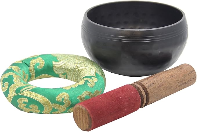 DharmaObjects Tibetan Dark Hand Hammered 4.25 Inches Singing Bowl Cushion Mallet Set - Bloomnest