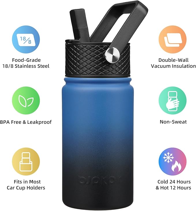 BJPKPK Insulated Water Bottle with Straw Lid, 15oz Cute Water Bottles, Stainless Steel Metal Thermo, Reusable BPA Free Leak Proof Tumblers, Cups,Blue Black - Bloomnest