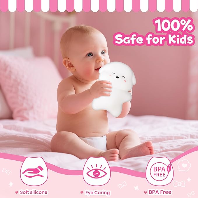 Night Light for Kids, Rechargeable Dimmable Silicone LED Nightlight with 7 Colors, Baby Nursery Night Lamp, Touch Squishy Lamp, Cute Gifts for Girls, Boys, Toddler Room Decor, Lying Dog - Bloomnest
