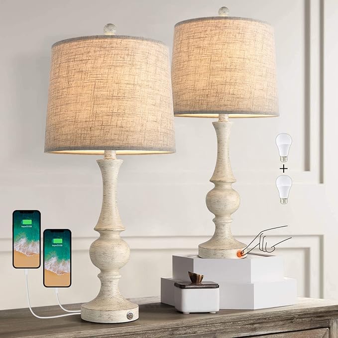 Oneach 24.5 inches 3 - Way Dimmable Touch USB Farmhouse Table Lamps Set of 2 for Living Room Bedroom Rustic Bedside Nightstand Lamp with USB Ports 2 Bulbs Included - Bloomnest