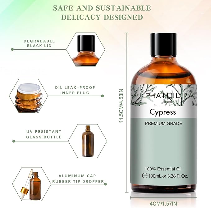 Cypress 3.38fl.oz Essential Oil, PHATOIL Aromatherapy Essential Oils for Diffuser, Humidifier, Perfect for DIY Soap, Candle, Bath Bombs Making(100ml) PHATOIL