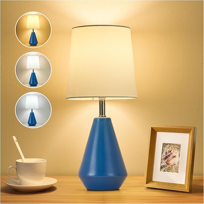 Small Bedside Table Lamp for Bedroom - Reading Desk Lamp with 3 Color Temperatures，15.5" Nightstand Ceramic Lamp with Fabric Shade for Kids Room,Living Room,Dorm,Home Office (Blue+White) - Bloomnest