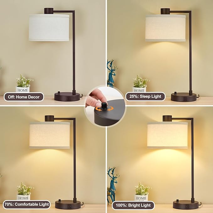 Luvkczc Table Lamp for Bedroom Set of 2 with USB C+A Ports - Fully Stepless Dimmable Bedside Lamp with Linen Lampshade - Contemporary Lamp for Living Room Reading Office, 2 Bulbs Included (Red Brown) - Bloomnest