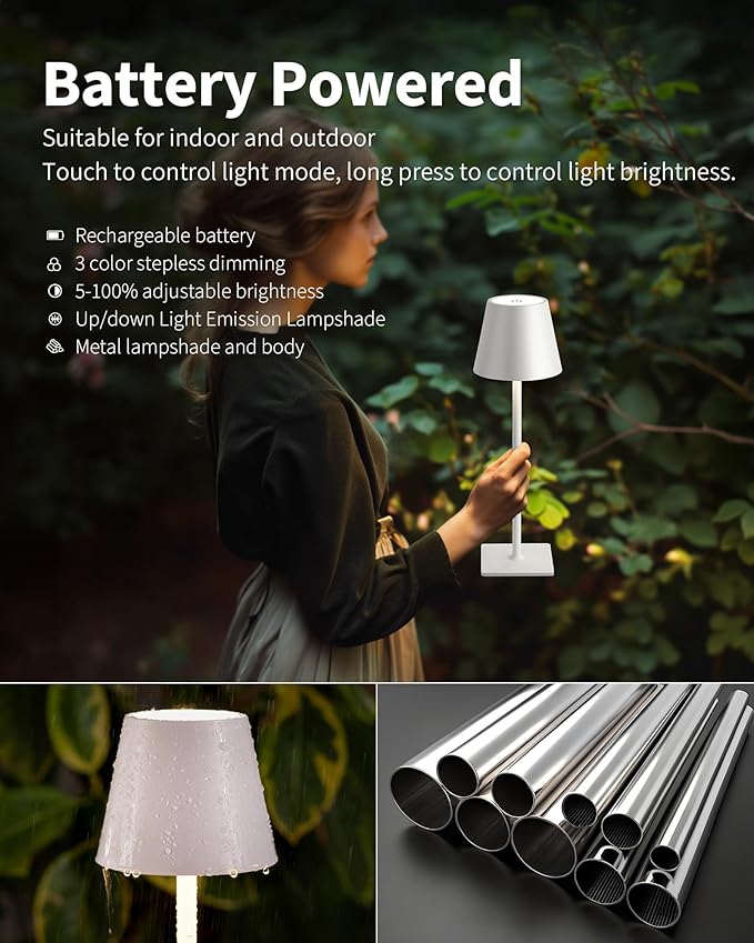 KDG 2 Pack Cordless Table Lamp, Portable LED Desk Lamp, 5000mAh Battery Operated, 3 Color Stepless Dimming Up, for Restaurant/Bedroom/Bars/Outdoor Party/Camping/Coffee Shop Night Light(White) - Bloomnest
