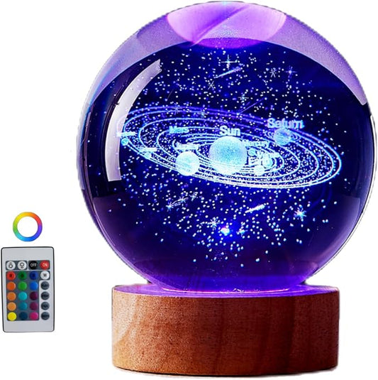 3.15 inch Solar System Crystal Ball lamp,3D K9 Crystal Ball Night Light with Wooden Base,16 Colors Change with Remote Control,Galaxy Light,Birthday Gift for Friends (Solar System) - Bloomnest