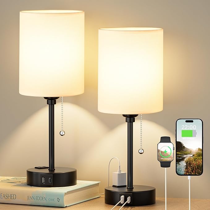 Bedside Table lamp for Bedroom Set of 2-3 Color Temperatures Small Lamps with USB C and A Ports, Pull Chain Table Lamps with AC Outlet, White Nightstand Lamps with Black Metal Base for Kids Reading - Bloomnest