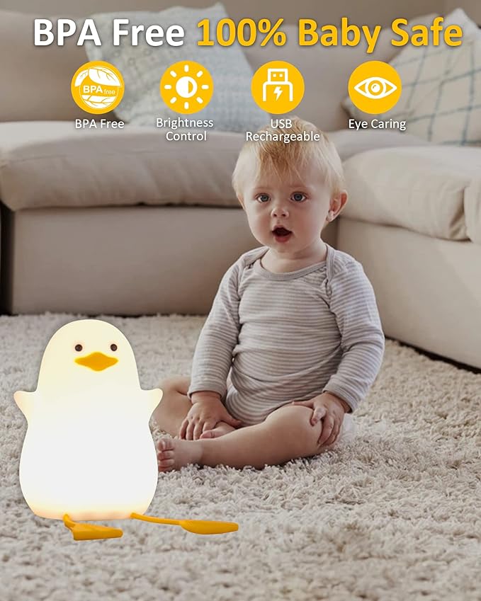 Attivolife Duck Night Light for Kids, Cute Animal Silicone Lamp Touch Control + Dimmable + Timer, USB Rechargeable LED Feeding, Bedside Bedroom Decor Birthday Gifts for Toddler Baby Women - Bloomnest