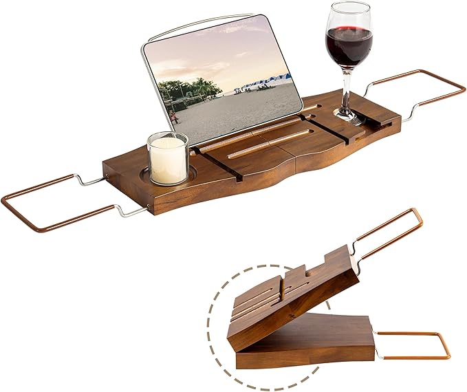 Teak Bathtub Tray Expandable Bathroom Tray for Home Spa Relaxation, Wooden Tray Caddy for Bathtub, Teak Bathtub Caddy as Unique Housewarming, Birthday, Wedding Shower Gifts. Light Walnut - Bloomnest