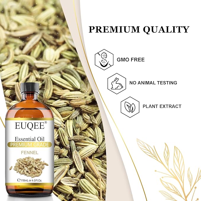EUQEE Fennel Essential Oil 4Fl.Oz Pure Fennel Oil with Glass Dropper for Skin, Aromatherapy, Diffuser, Soap Making, Candle Making - 118ml - Bloomnest