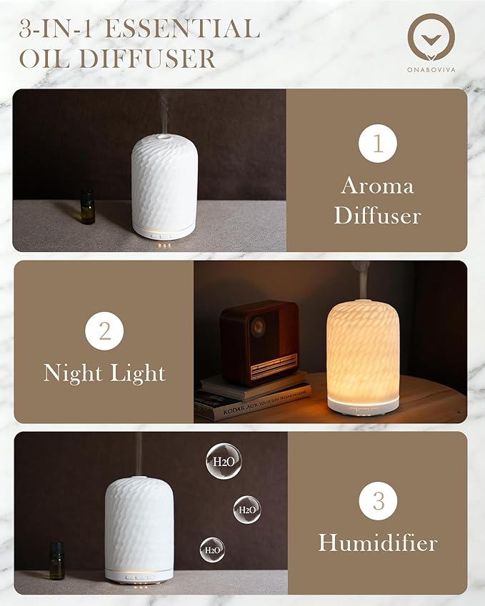 Essential Oil Diffuser – 2.4MHz Ultrasonic Aromatherapy Diffuser, Health Night Light, Timer & Auto Shut-Off, BPA-Free, 120ml Ceramic Oil Diffuser for Home, Office, or Spa, Yoga - Bloomnest