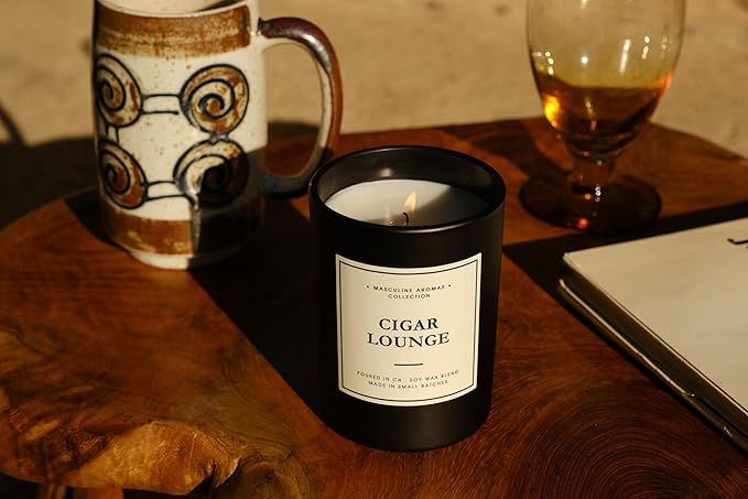 | Masculine Aromas | Small Batch | Soy Wax | 40 Hours | Scented Black Candles with Natural Essential Oils | Vegan (Cigar Lounge) - Bloomnest