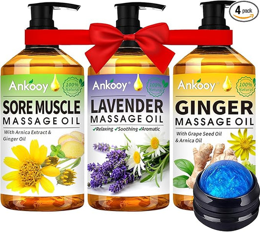 3 Pack Massage Oil for Massage Therapy,Sore Muscle Arnica Oil & Relaxing Lavender Oil & Ginger Oil Lymphatic Drainage & Massage Ball,Spa Massage Kit Christmas Gifts Stocking Stuffers for Men Women - Bloomnest