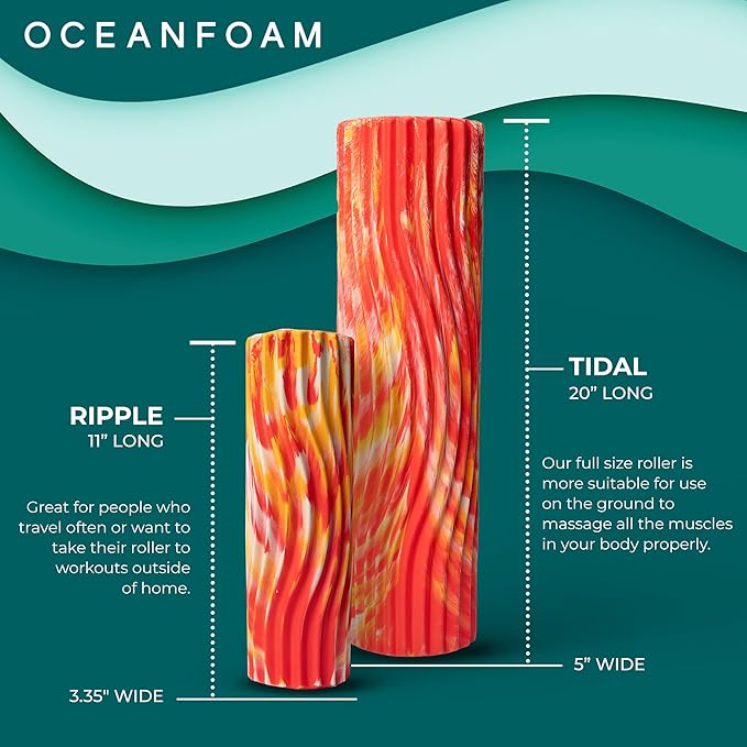 Oceanfoam Tidal Roller - Red, Gold & Natural Marbled - Muscle Massage Foam Roller for Back Pain & Stretching - Firm and Ergonomic Wide Wave Textured - Yoga, Athletics, & Wellness - Full Size, 20" x 5"