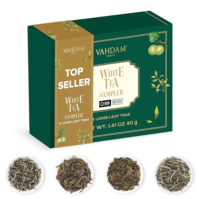 VAHDAM, Assorted White Tea Sampler Gift Set, Gluten Free, Non GMO - 4 Unblended White Loose Leaf Tea Sampler | Tea Variety Pack | Tea Gift Set, Gifts for Women & Men - Bloomnest