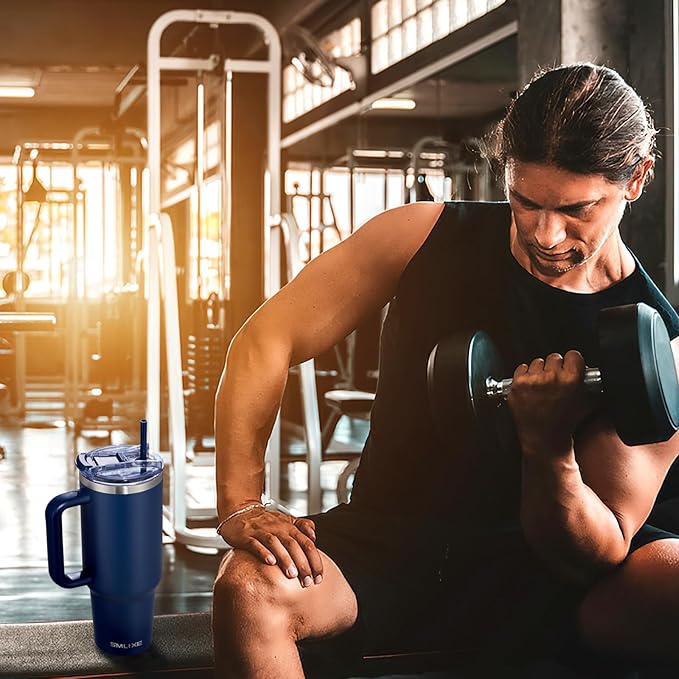 40 oz Tumbler with Handle and Straw Lid,Insulated Reusable Stainless Steel Water Bottle Travel Mug，Cupholder Friendly Double Wall Vacuum Sealed Cup (Navy) - Bloomnest