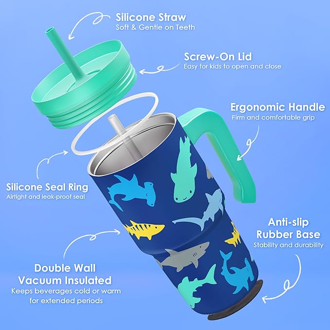 Shark Tumbler 20oz with Handle and Silicone Straw Lid for Kid, Insulated Stainless Steel Cup, Gift for Kids Boys, Gifts Idea for Birthday Christmas Back to School - Bloomnest