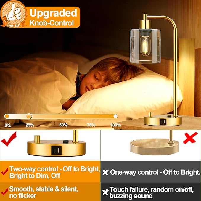 Set of 2 Industrial Table Lamps with USB Port, Gold Fully Stepless Dimmable Bedside Lamps for bedrooms, Nightstand Desk Lamp with Clear Glass Shade for Reading Living Room Office 2 LED Bulb - Bloomnest