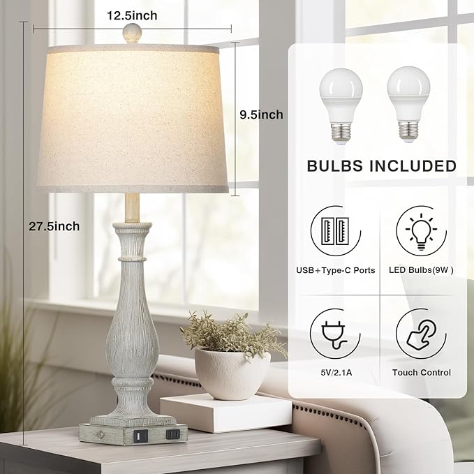 27.5" Farmhouse Table Lamps Set of 2 with USB C+A Ports & AC Outlet for Vintage Living Room Retro Bedroom, 3-Way Dimmable Touch Lamps Resin Bedside Lamps for Nightstand Side End Table, Grey - Bloomnest