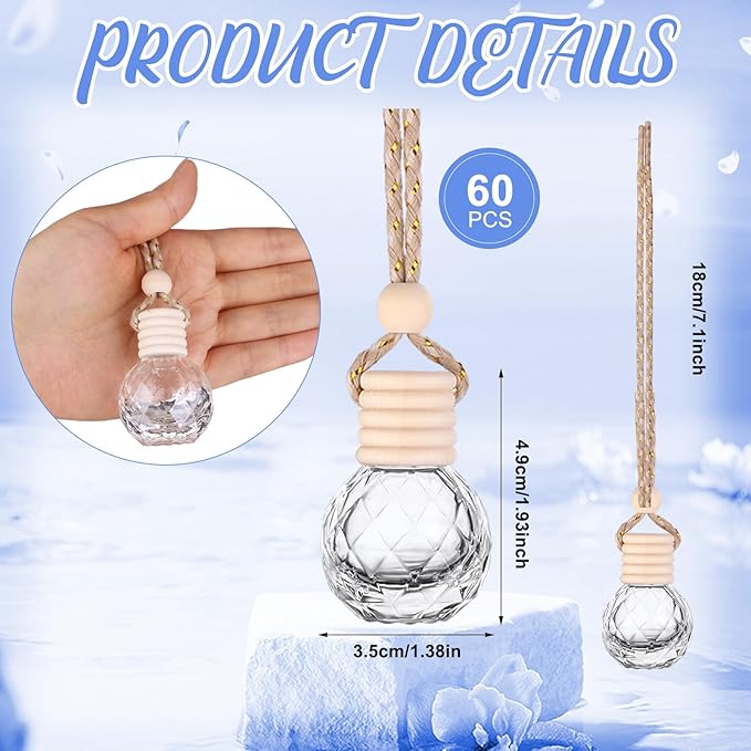 60 Pcs Hanging Car Air Freshener Car Diffuser Bottle Empty Glass Perfume Bottles Air Freshener Diffuser Bottle Pendant for Essential Oils Fragrance Aromatherapy Ornament Decor (Round Diamond) - Bloomnest