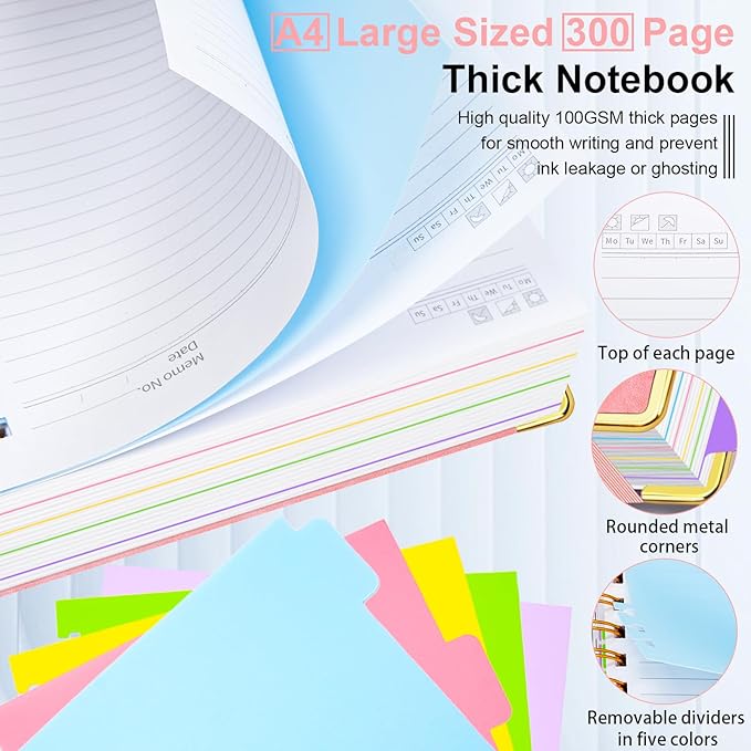 Hardcover Spiral Notebook 8.5"x11" Journal Notebook with Tabs and Removable Dividers 300 Pages 5 Subject Notebook College Ruled, Faux Leather Spiral Bound Notebook for Women School Work(Pink) - Bloomnest