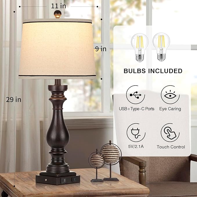 27.5" Farmhouse Table Lamp for Living Room Set of 2,Vintage Bedside Nightstand Lamps with USB C+A Ports & AC Outlet,3-Way Dimmable Touch Control Retro Black Desk Lamp for Bedroom,Black - Bloomnest