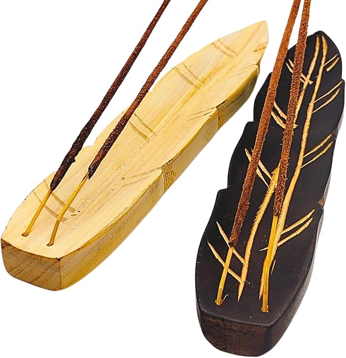 Handmade Wooden Incense Holder - Pack of 2 Incense Holder for Sticks | Double Coloured Leaf Shaped Insence Trays | Natural Mango Wood Insence Holder for Relaxation and Meditation (10 Inch) - Bloomnest