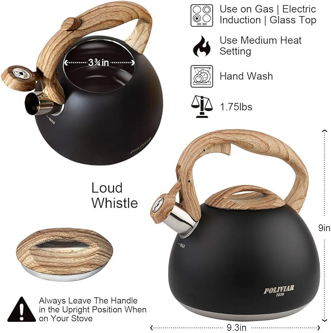 POLIVIAR Tea Kettle, Black Ti Stovetop Tea Kettle 2.7 Quart , Audible Whistling Teapot, Food Grade Stainless Steel for Anti-Rust and Anti Hot Handle, Suitable for All Heat Sources (JX2018-WB20) - Bloomnest