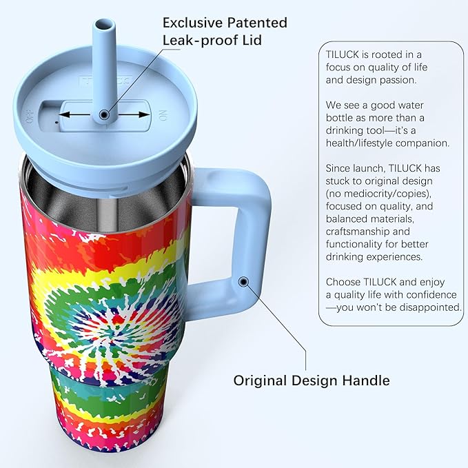 TILUCK 40 oz Tumbler with Handle, Vacuum Insulated Stainless Steel Travel Mug with 100% Leak-Proof Silicone Straw Lid, Cupholder Friendly Water Bottle(RotatingRainbow, 40oz)