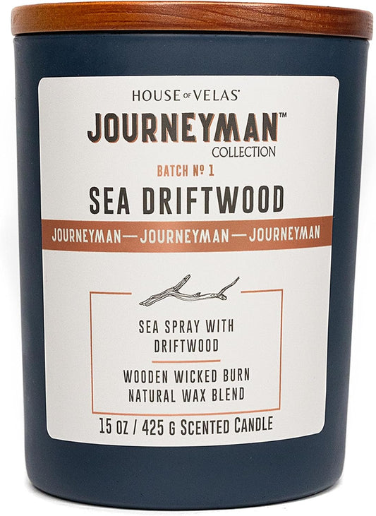 Journeyman Collection Candle, 15oz, Wooden Wick, Sea Driftwood, Large Painted Jar
