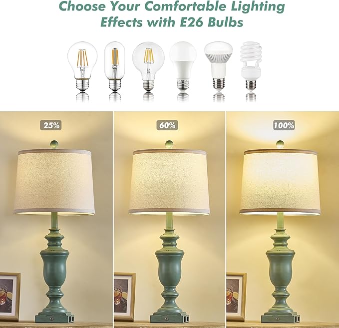 27.5" Set of 2 Farmhouse Table Lamps for Bedroom, 3 Way Dimmable Bedside Lamp with 2 USB +AC Outlet Nightstand Lamps for Living Room Resin Rustic Touch Lamps (Antique Green) - Bloomnest