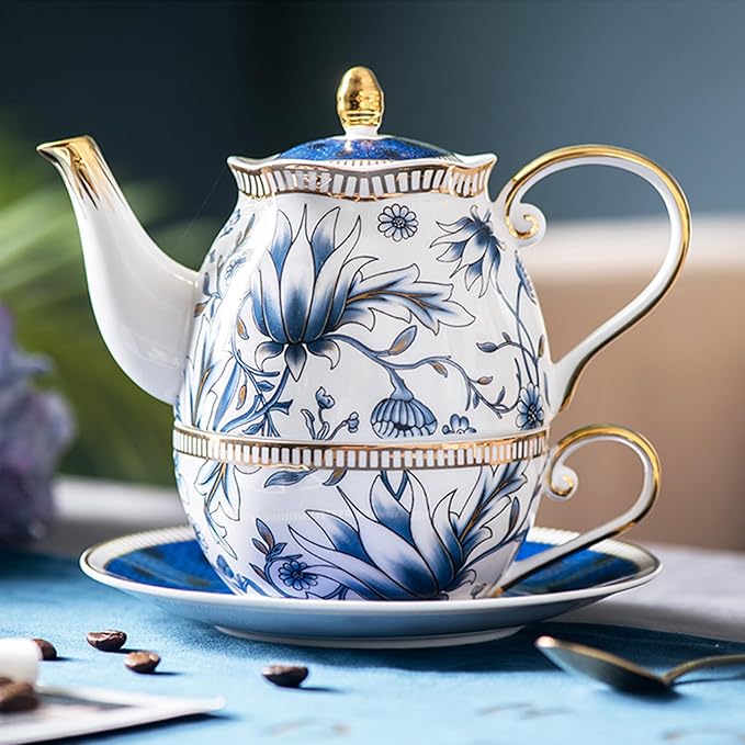 ACMLIFE Tea for One Teapot and Cup Set, Vintage Floral Porcelain Tea Set for One, Bone China Teapot Set, Tea Pot Set Gift for Women (Blue) - Bloomnest