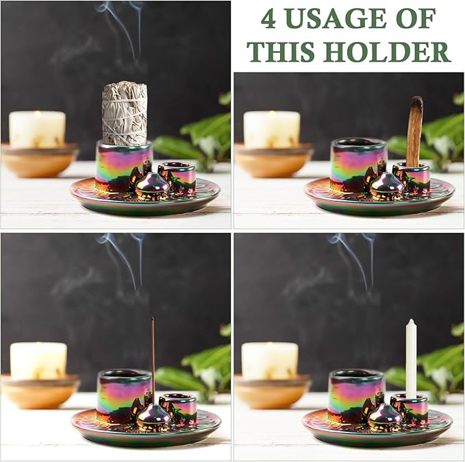 4 in 1 Ceramic Incense Holder, Palo Santo Stick Holder, Sage Holder for Burning, 5.2" Ash Catcher Tray for Meditation, Yoga & Home Decor (Colorful)