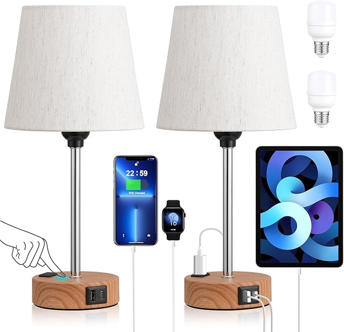 Acaxin Bedside Lamps for bedrooms Set of 2 - Nightstand Bedroom Lamp with USB C Port and AC Outlet Charging, 3 Way Dimmable Touch Control Small Bed Side Table Lamp, Nightstand Light for Kids - Bloomnest